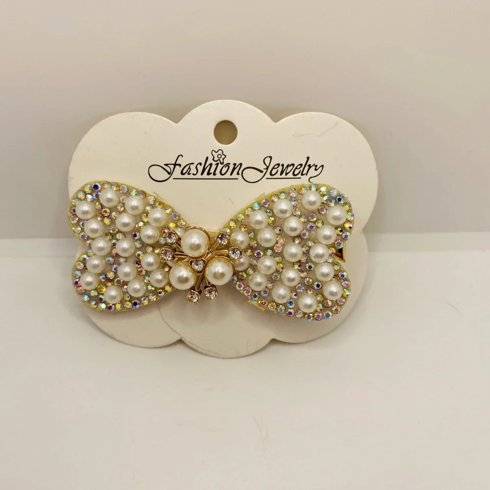 Hair Barrette Bow faux pearl crystals iridescent